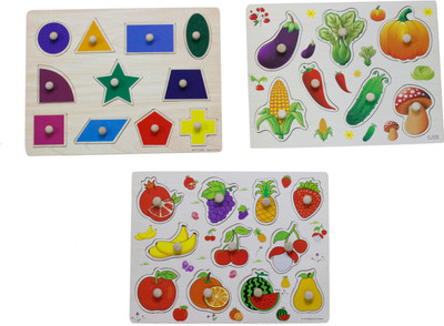 

Hnt Kids wooden pegged shape vegetable and fruit inset puzzle(32 Pieces)