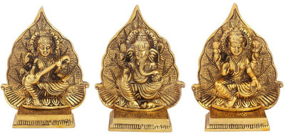 Handicrafts Paradise Lakshmi ji Ganesh ji and saraswati ji with leaf backdrop in metal antique golden finish by Handicrafts Paradise Decorative Showpiece  -  13 cm(Iron, Gold)