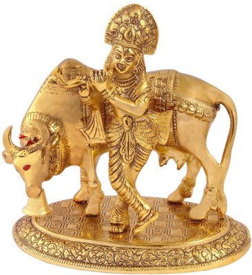 Handicrafts Paradise Krishna playing flute standing besides cow in metal antique gold plated by Handicrafts Paradise Decorative Showpiece  -  25 cm(Polyresin, Gold)