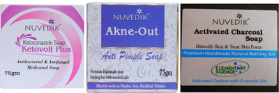 

Nuvedik Activated Charcoal, Akne-Out Anti Pimple & Ketovolt Plus Soap(Combo Pack 75Gm Each)(225 g, Pack of 3)