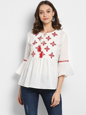 Bhama COUTURE Casual Bell Sleeve Embroidered Women White Top