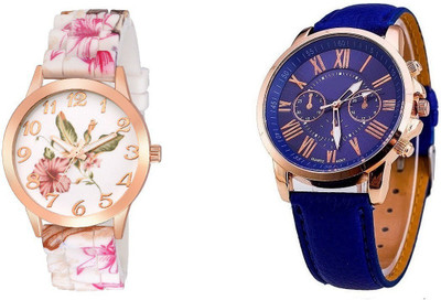 

COSMIC GENVA PLATINUM FLORAL SL-008 stylish blue leather strap luxury girls and ladies party wear Watch - For Women