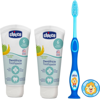 

Chicco Apple- Banana Toothpaste (6 m+), 50ml, Pack of 2 and Blue Tooth Brush(Multicolor)