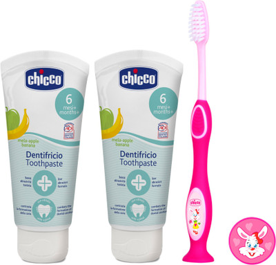 

Chicco Apple- Banana Toothpaste (6 m+), 50ml, Pack of 2 and Pink Tooth Brush(Multicolor)