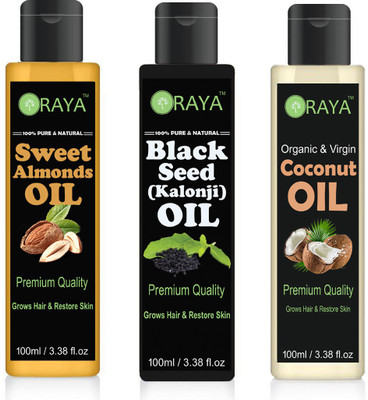 

ORAYA Pure & Natural Sweet Almond Oil And BlacKseed ( Kalonji) And Virgin Cocount Oil(300 ml)