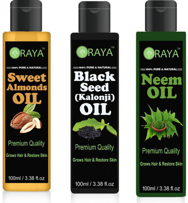 

ORAYA 100% Pure & Natural Sweet Almond Oil And Blackseed ( Kalonji) And Neem Oil Hair Oil Skin OIl-300ml-COMBO-PACK OF-3-BOTTLE(300 ml)
