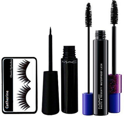 

catherine Eyelashes , Mac liquid Eyeliner, Haute & Naughty Double Effect Mascara(Set of 3)