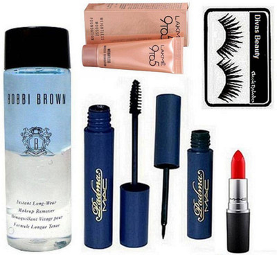 

Divas Beauty Eyelashes, Mac Matte Lipstick, Padma Eyeliner & Mascara, 9to5 Mousse, Bobbi Brown Instant Long Wear Makeup Remover(Set of 6)