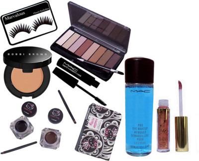 

Marvalous Eyelashes With Mac Mascara, Hello Kitty 2 Shades Gel Eyeliner black And Brown And Eye makeup Remover, 8 Shades Eyeshadow Palette, Boobi BRown Concealer, Kylie Liquid Lip Gloss(Set of 7)
