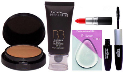 

Professional kit Silicon Puff, Mac Prep-Prime BB Beauty Balm Foundation, 2 Way Compact, Matte Finish Lipstick, Color Bar 2 In 1 Eyeliner+Mascara(Set of 5)