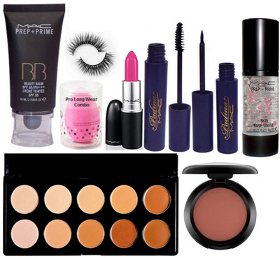 

pro longwear combo Sponge Puff, Mac Prep-Prime BB Beauty Balm Foundation,Blusher,Candy Yum-yum Lipstick,Padma Liner & Mascara,10 Shades Concealer Palette & Face Primer, Eyelashes(Set of 9)
