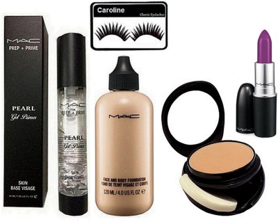 

Caroline Eyelashes, Mac Prep+Prime Pearl Primer, Two way compact, Face & Body Foundation, Matte Finish Herion Lipstick(Set of 5)