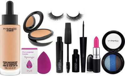 

Pro Longwear combo Sponge Puff &Mac Studio Waterweight SPF 30 Found De Teint Foundation, Studio Fix Compact, Candy yum yum Lipstick, 3 Shades EyeShadow & Hauty And Naughty Mascara,Liquid EyeLiner With Eyelashes(Set of 8)