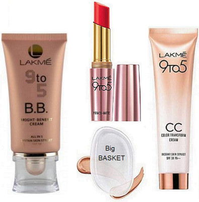 

big basket silicon Puff, CC color transform cream,Matte Finish Lipstick,Bright-Benefit Cream(Set of 4)