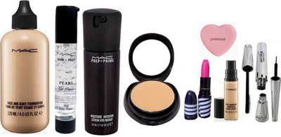 

CAROLINE Silicon Puff & Mac Face and body Foundation, Pro Long Wear Concealer, Finish Matte Lipstick, Brook Candy Eyeliner & Mascara , Prep+prime Pearl primer, Moisture Infusion Serum, Compact,(Set of 9)