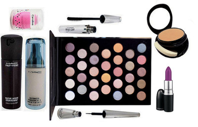 

caroline Sponge Puff, Mac Matchmaster Liquid Foundation, 32 Multi color Eyeshadow palette, Two Way Comapct, Matte Finish Herion Lipstick, Prep + Prime Face Serum, Brooke candy Eyeliner & Mascara(Set of 8)