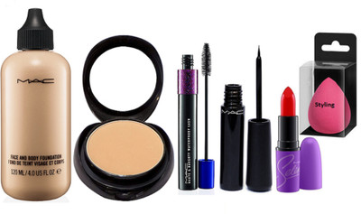 

styling Sponge Puff,Mac 2 way Compact,Face & Body Foundation,Liquid Eyeliner,Haute & Naughty Mascara And Selena Lipstick(Set of 6)