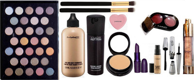 

CAROLINE Silicon Puff, Mac 32 shade Eye shadow Palette, Face and body Foundation, Pro Long Wear Concealer, Giambattista valli Lipstick, Brook Candy Eyeliner & Mascara , Prep+prime Moisture Infusion Serum, Highlighter, Compact, 2 shade Blusher With Makeup 