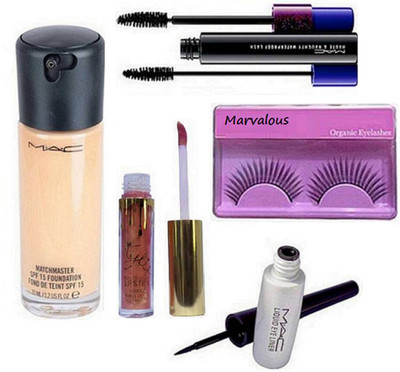 

Marvalous Eyelashes, Mac Matchmaster Spf 15 Foundation , Haute and Naughty Double Effect Mascara, Liquid Eyeliner, Kylie Liquid Lip Gloss(Set of 5)