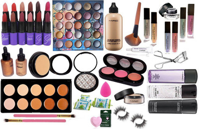 

Ultimate Silicon Puff With Mac Face And Body foundation & 2 Way Compact Concealer+Powder & Prep+prime Highlight 2,Face Serum,3 Shade blusher,10 Shade concealer palette,pro Eye makeup Remover & Gel Eyeliner,Selena 12 Shades Lipstick,Illuminator,25 Shades E