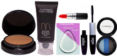 

Professional kit Silicon Puff,Mac Prep-Prime BB Beauty Balm Foundation, 2 Way Compact,Matte Finish Lipstick,3 Shade Eyeshedo, Color bar 2 In 1 Eyeliner+ Mascara(Set of 6)