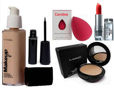 

caroline Sponge Puff, makeup pro long wear spf 30 foundation, Liquid Eyeliner, Studio Fix Compact, 9to5 Enrich Matte Lipstick(Set of 5)
