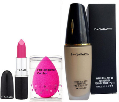 

pro longwear combo Sponge Puff, Mac Hyper Real Foundation SPF 15, Candy Yum-Yum Lipstick(Set of 3)
