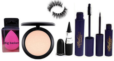 

big Basket Spounge Puff ,Eyelashes , Studio Fix Compact , Stick Kaj. , Padma Eyeliner And Mascara(Set of 6)