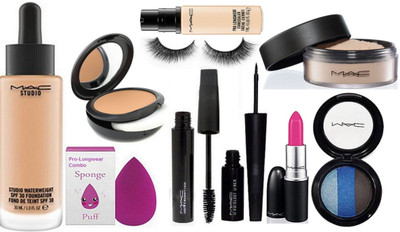 

Pro longwear combo Sponge Puff, Studio Waterweight Foundation,Compact,Pro-LongWear Concealer,Loose Powder,3 Shades Eyeshadow, Hauty and Naughty Mascara,Liquid Last Eyeliner, Candy yum yum Lipstick With Eyelashes(Set of 10)