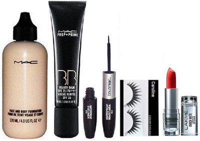 

caroline Eyelashes, Mac Prep+Prime BB Beauty Blam Spf 35 Creme Teintee, Face and Body Foundation, Colorbar Waterproof Mascara & Eyeliner& Lakme 9to5 Enrich Matte Lipstick(Set of 5)