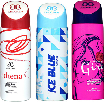 

Arochem Ethena & Ice Blue & Charming Girl Combo Pack Dynamic Deodorant Spray Deodorant Spray - For Men & Women(600 ml, Pack of 3)