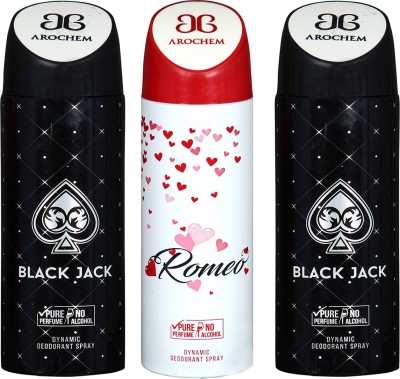 

AROCHEM BLACK JACK-2 & ROMEO DYNAMIC DEODORANT BODY SPRAY BODY DEO SPRAY Body Spray - For Men & Women(600 ml, Pack of 3)