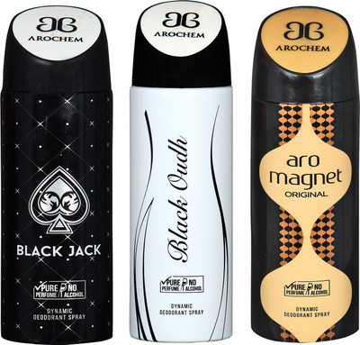

Arochem Black Jack & Black Oudh & Aro Magnet Combo Pack Dynamic Deodorant Spray Deodorant Spray - For Men & Women(600 ml, Pack of 3)