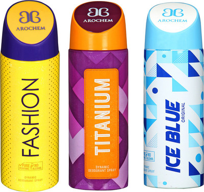 

Arochem Fashion & Titanium & Ice Blue Combo Pack Dynamic Deodorant Spray Deodorant Spray - For Men & Women(600 ml, Pack of 3)
