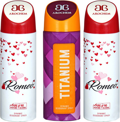 

Arochem Romeo & Titanium Combo Pack Dynamic Deodorant Spray Deodorant Spray - For Men & Women(600 ml, Pack of 3)