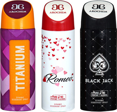 

Arochem Titanium & Romeo & Black Jack Combo Pack Dynamic Deodorant Spray Deodorant Spray - For Men & Women(600 ml, Pack of 3)