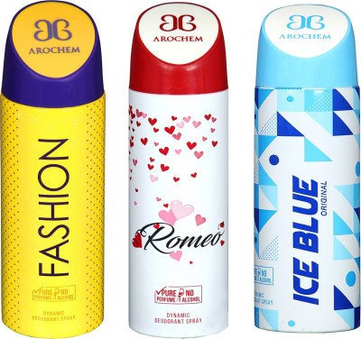AROCHEM Fashion & Romeo & Ice Blue Combo Pack Dynamic Deodorant Spray Deodorant Spray  -  For Men & Women(600 ml, Pack of 3)
