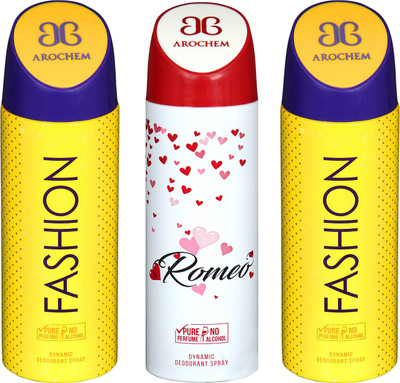 

arochem FASHION DEO COMBO -2 & ROMEO DYNAMIC DEODORANT SPRAY Body Spray Body Spray - For Men & Women(600 ml, Pack of 3)