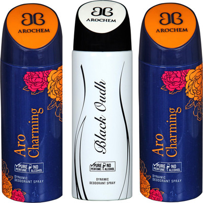 

arochem ARO CHARMING -2 & BLACK OUDH DYNAMIC DEODORANT BODY SPRAY BODY DEO SPRAY Body Spray - For Men & Women(600 ml, Pack of 3)