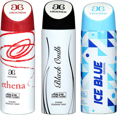 

Arochem Ethena & Black Oudh & Ice Blue Combo Pack Dynamic Deodorant Spray Deodorant Spray - For Men & Women(600 ml, Pack of 3)