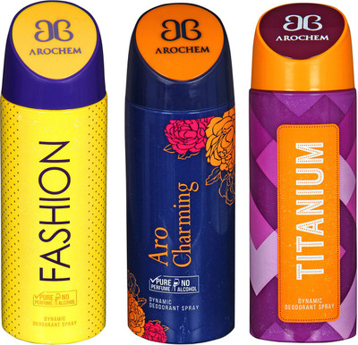 

Arochem Fashion & Aro Charming & Titanium Combo Pack Dynamic Deodorant Spray Deodorant Spray - For Men & Women(600 ml, Pack of 3)
