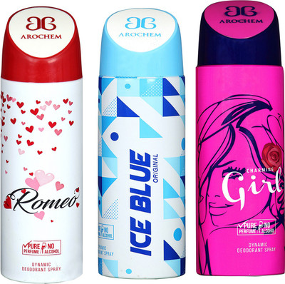 

Arochem Romeo & Ice Blue & Charming Girl Combo Pack Dynamic Deodorant Spray Deodorant Spray - For Men & Women(600 ml, Pack of 3)