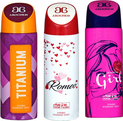 

Arochem Titanium & Romeo & Charming Girl Combo Pack Dynamic Deodorant Spray Deodorant Spray - For Men & Women(600 ml, Pack of 3)