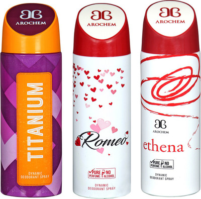 

Arochem Titanium & Romeo & Ethena Combo Pack Dynamic Deodorant Spray Deodorant Spray - For Men & Women(600 ml, Pack of 3)