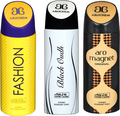 

arochem FASHION & ARO MAGNET & BLACK OUDH DYNAMIC DEODORANT BODY SPRAY BODY DEO SPRAY Body Spray - For Men & Women(600 ml, Pack of 3)