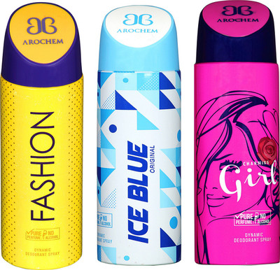 

Arochem Fashion & Ice Blue & Charming Girl Combo Pack Dynamic Deodorant Spray Deodorant Spray - For Men & Women(600 ml, Pack of 3)
