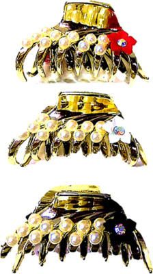 

Proplady Party Collection Golden (Pack of 3, L Size) Pearls & Rhinestones Stud Floral Butterfly Clutch for Girls & Women |Wedding Hair Hair Clip, Hair Claw, Bun Clip, Banana Clip, Back Pin(Gold)