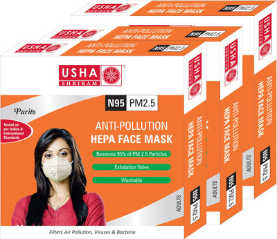 

Usha Shriram Purito N95 PM2.5 HEPA Anti Pollution Face Mask (Pack of 3) Air Mask FM1992 Mask and Respirator