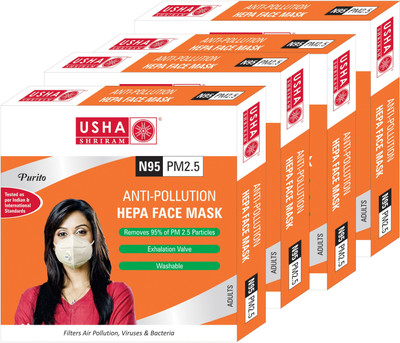 

Usha Shriram Purito N95 PM2.5 HEPA Anti Pollution Face Mask (Pack of 4) Air Mask FM1994 Mask and Respirator
