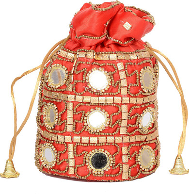 

Baisa Handmade Silk Mirror Work Potli Pouch(Red)